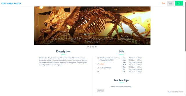Security scan screenshot of https://www.explorableplaces.com/places/the-academy-of-natural-sciences-of-drexel-university