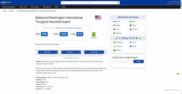 Security scan screenshot of https://airportguide.com/airport/info/BWI