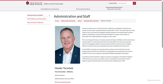 Security scan screenshot of https://chancellor.uark.edu/about/chancellors-office-administration-and-staff/uid/hryurach/name/Hunter+R.+Yurachek/