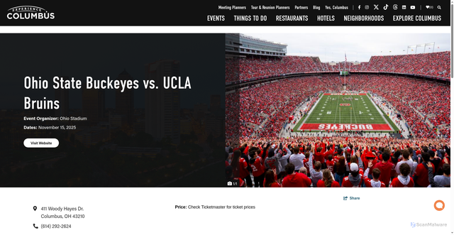 Security scan screenshot of https://www.experiencecolumbus.com/event/ohio-state-buckeyes-vs-ucla-bruins/86367/