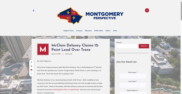 Security scan screenshot of https://montgomeryperspective.com/2026/04/15/mcclain-delaney-claims-12-point-lead-over-trone/