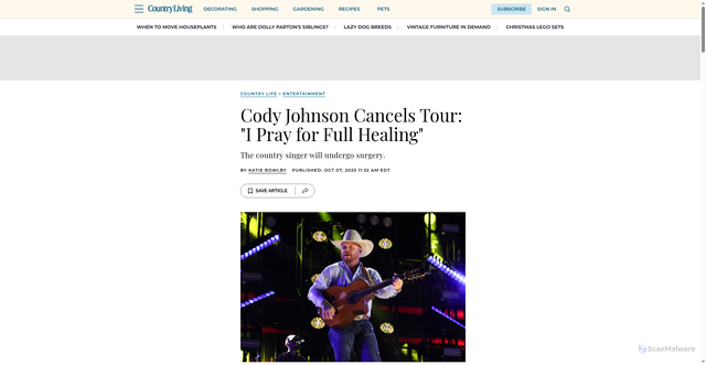 Security scan screenshot of https://www.countryliving.com/life/entertainment/a68881533/cody-johnson-cancels-tour-surgery/