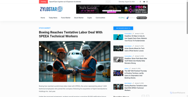 Security scan screenshot of https://news.zylostar.com/news/boeing-reaches-tentative-labor-deal-with-speea-technical-workers