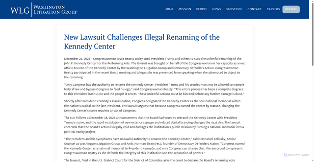 Security scan screenshot of https://washingtonlitigationgroup.org/news/new-lawsuit-challenges-illegal-renaming-of-the-kennedy-center/