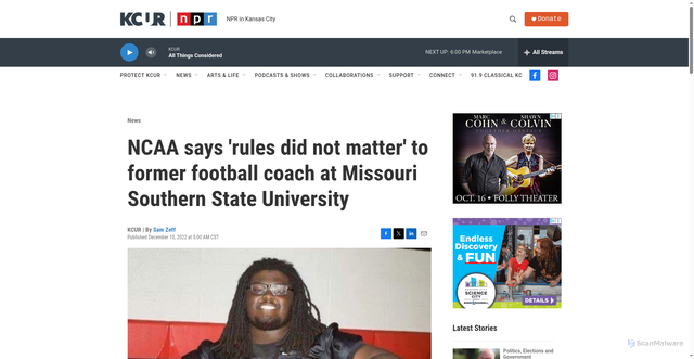 Security scan screenshot of https://www.kcur.org/news/2022-12-10/ncaa-says-rules-did-not-matter-to-former-football-coach-at-missouri-southern-state-university