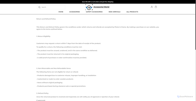 Security scan screenshot of https://accessoriezworld.com/return-policy