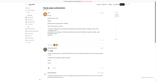 Security scan screenshot of https://community.plotly.com/t/claude-plugin-authentication/97433