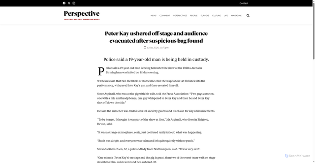 Security scan screenshot of https://www.perspectivemedia.com/peter-kay-ushered-off-stage-and-audience-evacuated-after-suspicious-bag-found/