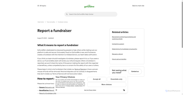 Security scan screenshot of https://support.gofundme.com/hc/en-us/articles/203604694-Report-a-fundraiser