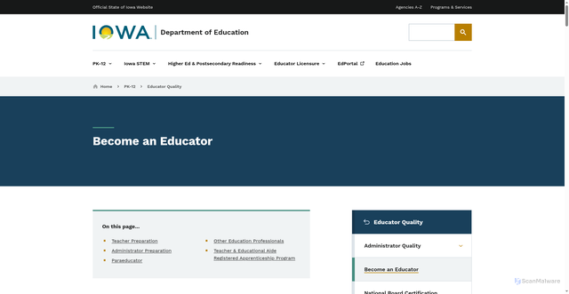 Security scan screenshot of https://educate.iowa.gov/pk-12/educator-quality/become-educator