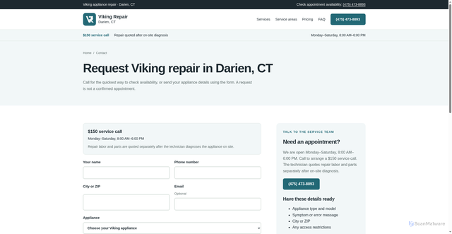 Security scan screenshot of https://vikingrepairdarien.pages.dev/contact/?from=%2Fviking-ice-maker-not-making-ice-darien-ct%2F
