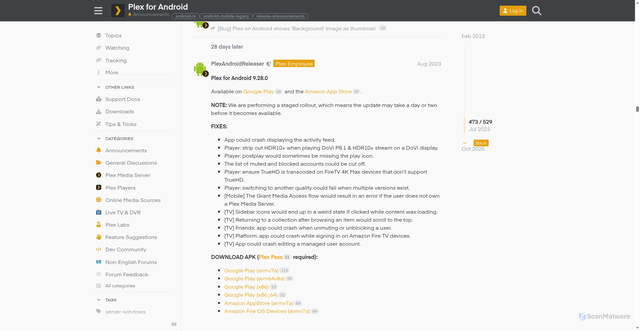 Security scan screenshot of https://forums.plex.tv/t/plex-for-android/29115/501