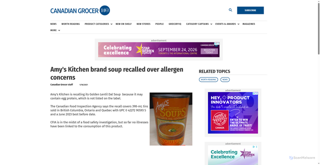 Security scan screenshot of https://canadiangrocer.com/amys-kitchen-brand-soup-recalled-over-allergen-concerns