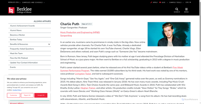 Security scan screenshot of https://college.berklee.edu/alumni/people/charlie-puth