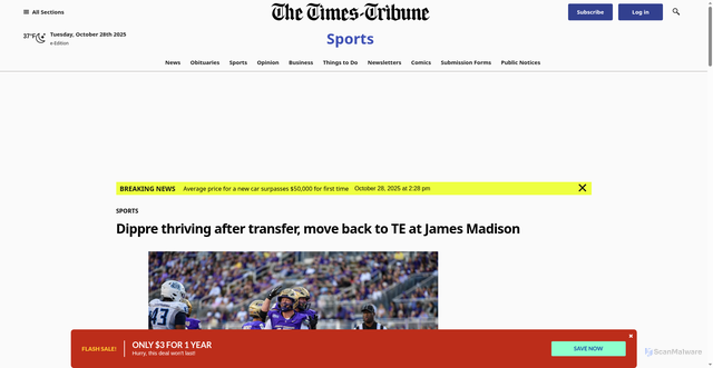 Security scan screenshot of https://www.thetimes-tribune.com/2025/10/28/dippre-thriving-after-transfer-move-back-to-te-at-james-madison/