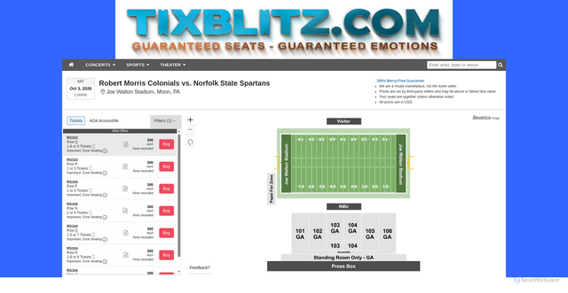 Security scan screenshot of https://www.tixblitz.com/results-ticket?evtid=7777670&event=Robert+Morris+Colonials+vs.+Norfolk+State+Spartans+