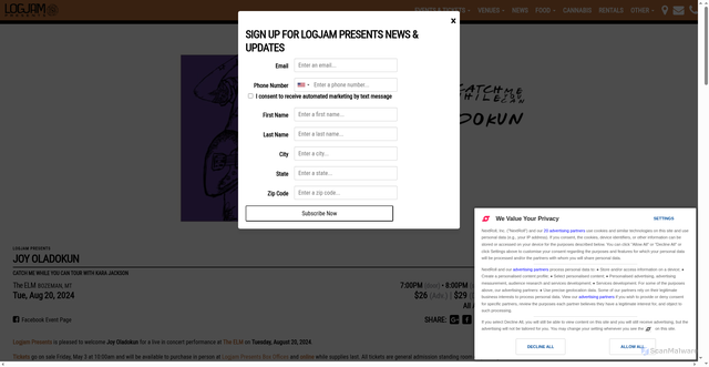 Security scan screenshot of https://logjampresents.com/event/joy-oladokun-60980/?srsltid=AfmBOopHAQJotEVSwiV26nsN0tRy9e98TB2CSlfv7eHyhl_gr87nzVLF