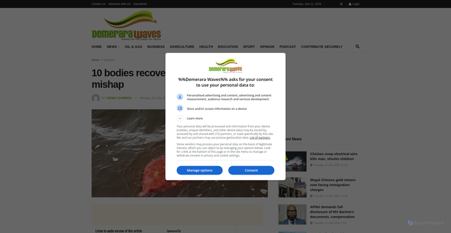 Security scan screenshot of https://demerarawaves.com/2026/07/20/10-bodies-recovered-from-mv-barima-mishap/