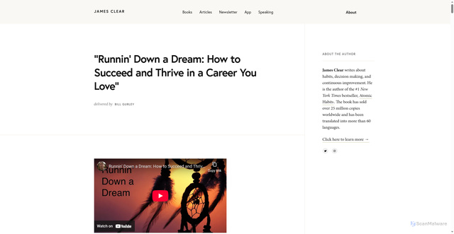 Security scan screenshot of https://jamesclear.com/great-speeches/runnin-down-a-dream-by-bill-gurley