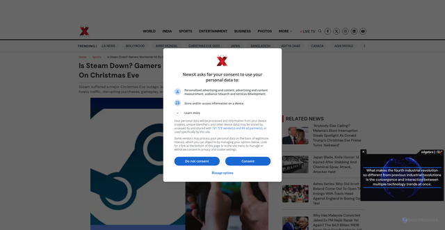 Security scan screenshot of https://www.newsx.com/sports/is-steam-down-gamers-worldwide-hit-by-e502-l3-errors-on-christmas-eve-134539/