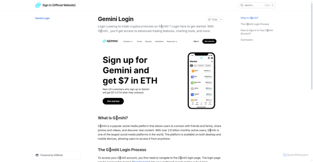 Security scan screenshot of https://geminiiellogin.gitbook.io/web/