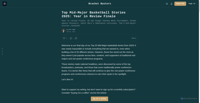 Security scan screenshot of https://www.bracketbustershoops.com/p/top-mid-major-basketball-stories-c2b