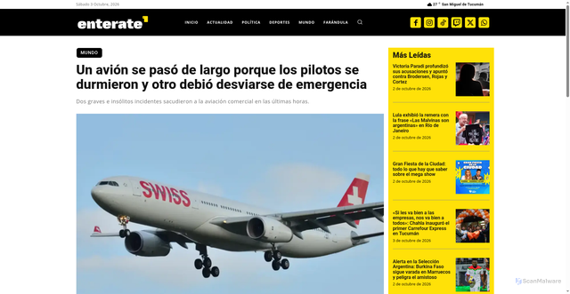 Security scan screenshot of https://www.enteratenoticias.com.ar/mundo/avion-se-paso-largo-porque-pilotos-durmieron/