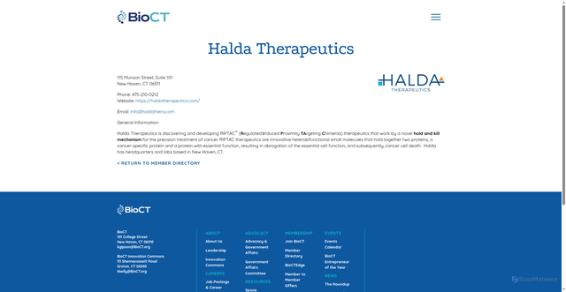 Security scan screenshot of https://bioct.org/member/halda-therapeutics/