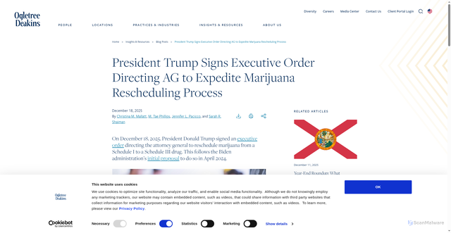 Security scan screenshot of https://ogletree.com/insights-resources/blog-posts/president-trump-signs-executive-order-directing-ag-to-expedite-marijuana-rescheduling-process/