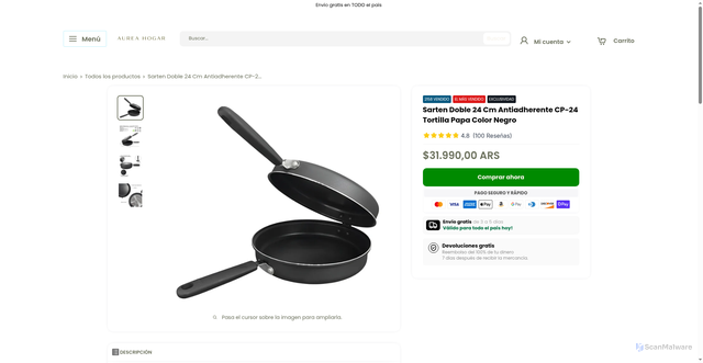 Security scan screenshot of https://aureahogar.shop/products/sarten-doble-24-cm-antiadherente-cp-24-tortilla-papa-color-negro