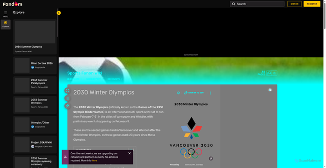 Security scan screenshot of https://sports-fanon.fandom.com/wiki/2030_Winter_Olympics
