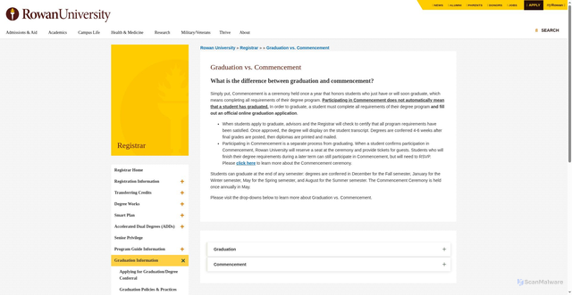 Security scan screenshot of https://sites.rowan.edu/registrar/graduation-info/graduation-vs.-commencement.html