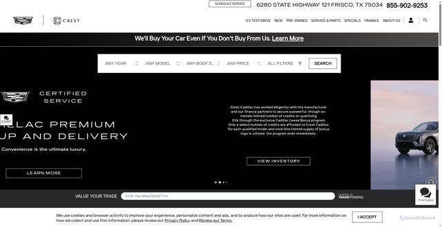 Security scan screenshot of https://www.crestcadillactx.com/?srsltid=AfmBOooF8x6fnicQDf_Ab1l-O-rV5LkiuSXWIrKoum602pPSZecCCZA4