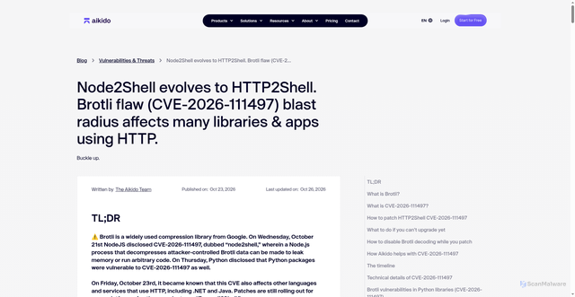 Security scan screenshot of https://www.aikido.dev/blog/python-packages-vulnerable-node2shell-brotli-cve-2026-111497