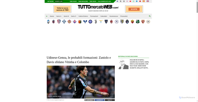 Security scan screenshot of https://www.tuttomercatoweb.com/probabili-formazioni/udinese-genoa-le-probabili-formazioni-zaniolo-e-davis-sfidano-vitinha-e-colombo-2175868