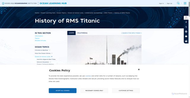 Security scan screenshot of https://www.whoi.edu/ocean-learning-hub/ocean-topics/ocean-human-lives/underwater-archaeology/rms-titanic/history-of-rms-titanic/