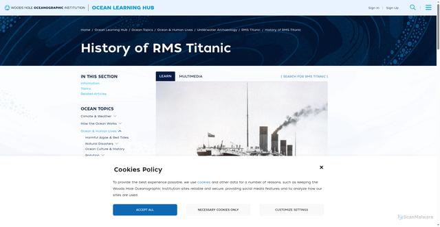 Security scan screenshot of https://www.whoi.edu/ocean-learning-hub/ocean-topics/ocean-human-lives/underwater-archaeology/rms-titanic/history-of-rms-titanic/