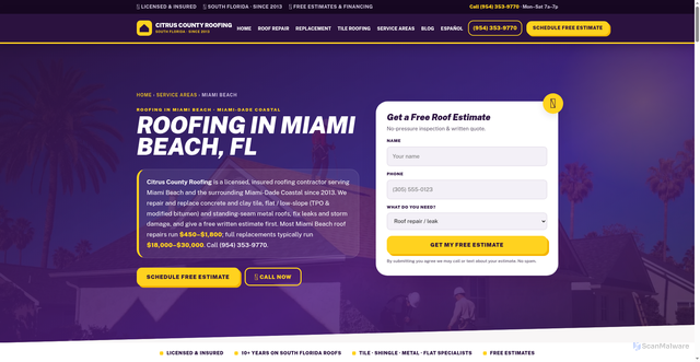 Security scan screenshot of https://miamiroofingflorida.com/roofing-miami-beach/