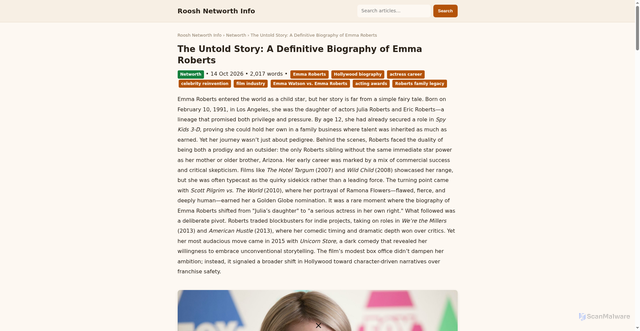 Security scan screenshot of https://roosholleman.com/article/the-untold-story-a-definitive-biography-of-emma-roberts