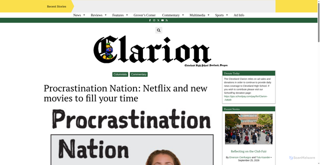 Security scan screenshot of https://clevelandclarion.com/3796/commentary/procrastination-nation-netflix-and-new-movies-to-fill-your-time/