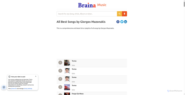 Security scan screenshot of https://braina.me/music/artist/giorgos-mazonakis