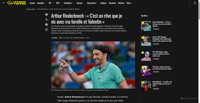 Security scan screenshot of https://www.universtennis.com/2025/10/10/arthur-rinderknech-cest-un-reve-que-je-vis-avec-ma-famille-et-valentin/