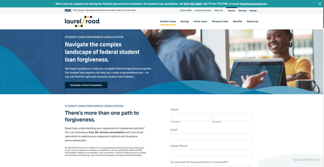 Security scan screenshot of https://www.laurelroad.com/student-loan-forgiveness/