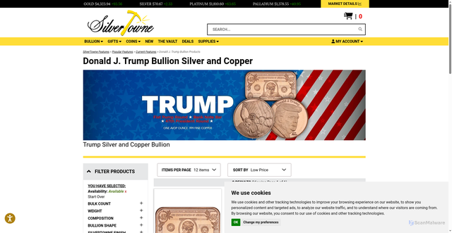 Security scan screenshot of https://www.silvertowne.com/category/946/donald-j-trump-bullion-products?section=-327-&srsltid=AfmBOorg15A24ZLUBKriUmNmqz0uW2xb3RzK5xrWpfFal_45IDRTgDuA