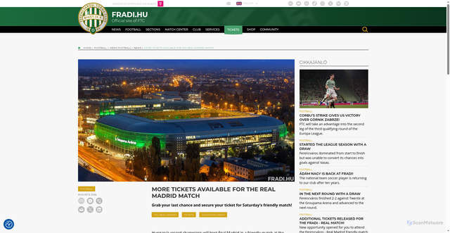 Security scan screenshot of https://www.fradi.hu/en/football/men-s/news/more-tickets-available-for-the-real-madrid-match