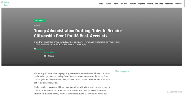 Security scan screenshot of https://www.imidaily.com/north-america/trump-administration-drafting-order-to-require-citizenship-proof-for-us-bank-accounts/