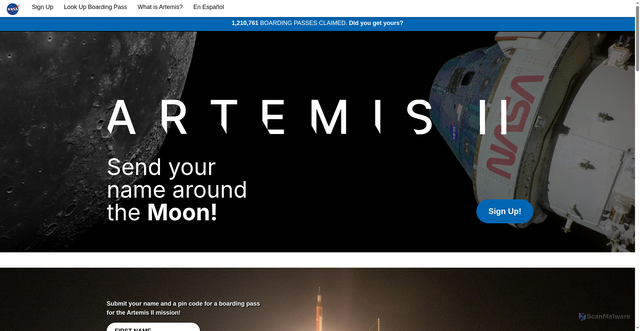Security scan screenshot of https://www3.nasa.gov/send-your-name-with-artemis/
