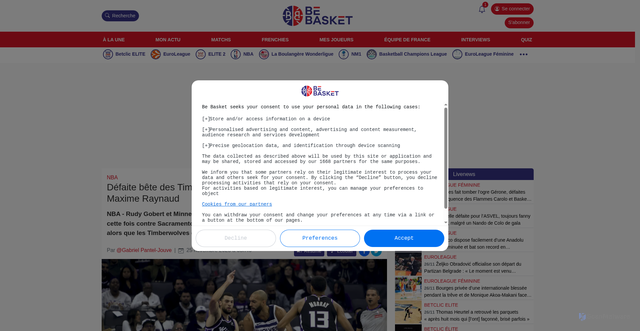 Security scan screenshot of https://www.bebasket.fr/defaite-bete-des-timberwolves-de-rudy-gobert-face-aux-kings-de-maxime-raynaud