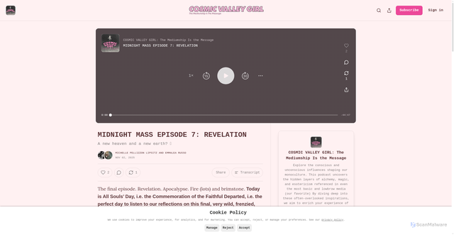 Security scan screenshot of https://cosmicvalleygirl.substack.com/p/midnight-mass-episode-7-revelation