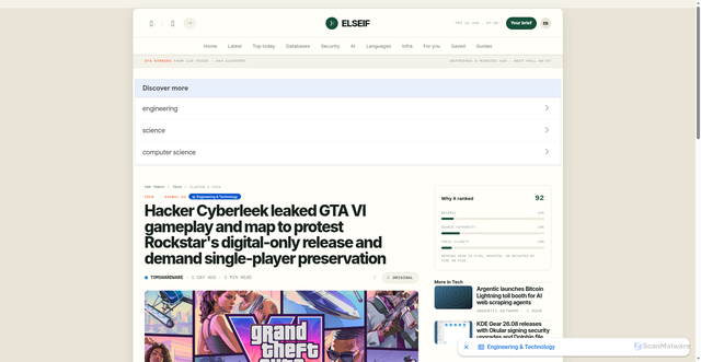 Security scan screenshot of https://www.elseif.net/stories/hacker-leaks-gta-vi-gameplay-and-map-to-protest-digital-only-release-c7ccb9f